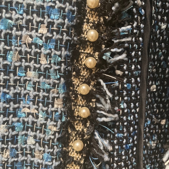 SHEIN Blue Tweed Pearl-Trim Cropped Jacket - Picture 4 of 9